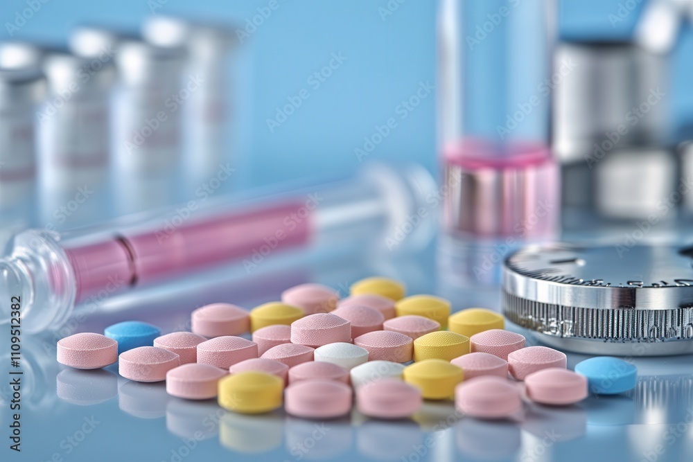 Close-up View of Colorful Tablets, Syringe, Vials, and Medical Equipment on Soft Blue Background in Pharmaceutical Setting Close-up View of Colorful Tablets, Syringe, Vials, and Medical Equipment on Soft Blue Background in Pharmaceutical Setting