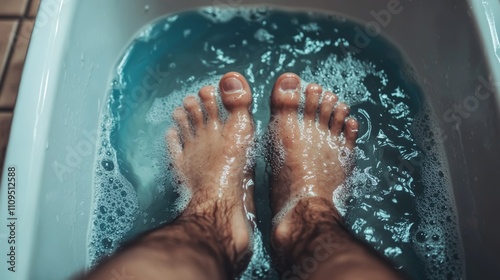Relaxed feet soaking in a bubbling blue bath for a soothing and rejuvenating experience.