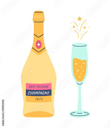 Wine bottle and glass with champagne. Doodle style drawing. Alcoholic drink. Birthday and new year celebration. Cold festive grape beverage. Vector cartoon flat isolated modern simple illustration