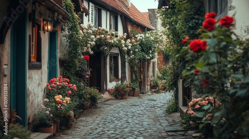 Charming Village Scene, picturesque cobblestone streets, quaint houses adorned with blooming flowers, a serene atmosphere inviting exploration and tranquility