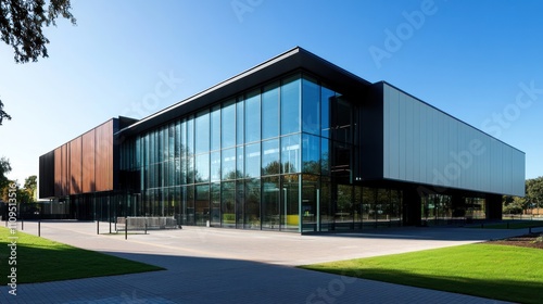 Modern architectural building with glass exterior in sunlight