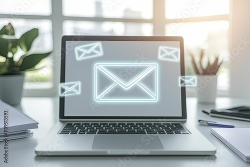 Chic email confirmation link presentation, sleek minimal design, gentle blue gradients, overhead perspective, accompanied by pristine white desk setting.