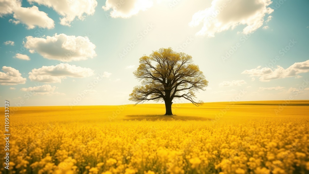 Obraz premium A solitary tree stands tall in a field of vibrant yellow wildflowers, a picturesque landscape bathed in the warm glow of the sun.