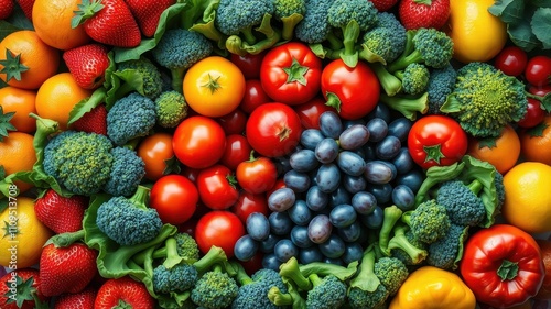 A vibrant arrangement of fresh fruits and vegetables, showcasing a colorful spectrum of nature's bounty