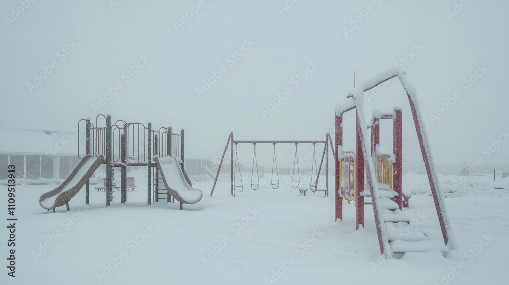 A snow-covered playground, with swings, slides, and jungle gyms buried under a thick layer of snow, the sky grey and overcast A snow-covered playground, with swings, slides, and jungle gyms buried under a thick layer of snow, the sky grey and overcast