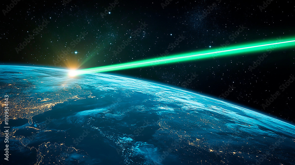 Fototapeta premium Bright Green Laser Beam Impacting Earth's Atmosphere at Sunrise Viewed from Space