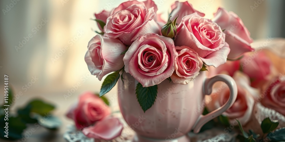 A Bouquet of Delicate Pink Roses Gracefully Arranged in a Porcelain Teacup, Creating a Romantic and Elegant Still Life A Bouquet of Delicate Pink Roses Gracefully Arranged in a Porcelain Teacup, Creating a Romantic and Elegant Still Life