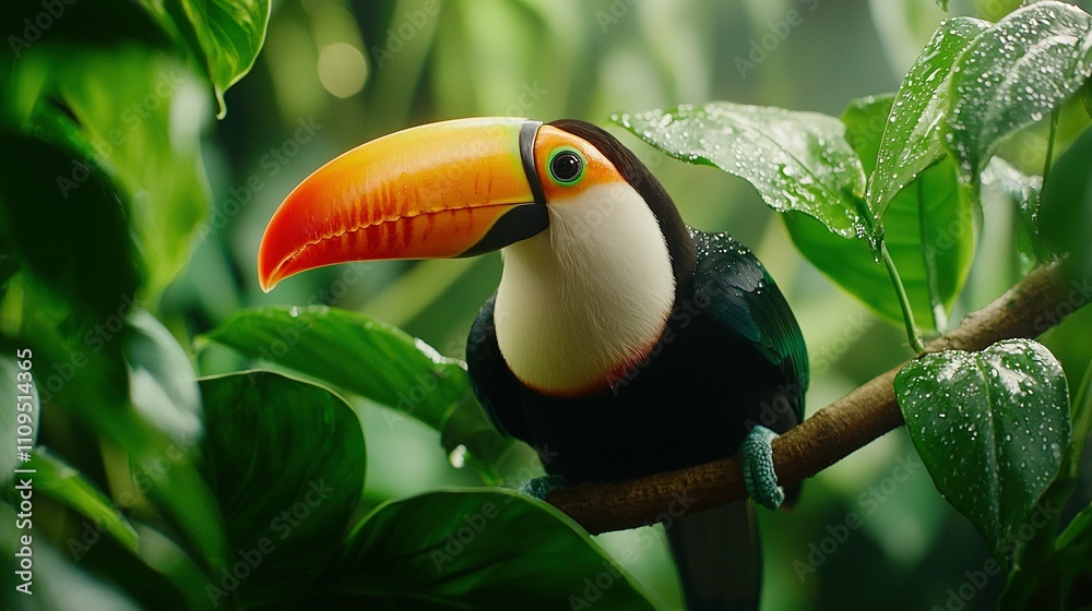 Fototapeta premium A colorful toucan perched on a leafy branch with droplets of water