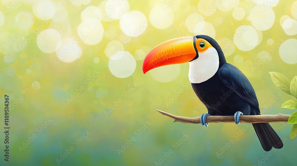Obraz premium A vibrant painting showcases a toucan perched on a branch against a backdrop of lush green and yellow foliage