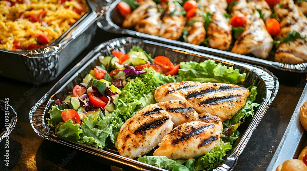 A catering service focusing on health-conscious meals like grilled chicken and fresh salads compared to a fast food section with greasy foods. A catering service focusing on health-conscious meals like grilled chicken and fresh salads compared to a fast food section with greasy foods.