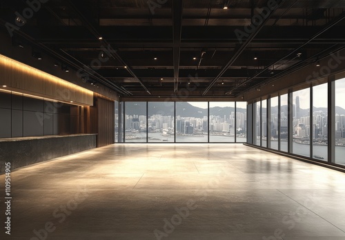 Spacious Modern Office Interior with Panoramic City View of Hong Kong at Daytime Featuring Large Windows and Sleek Design Elements