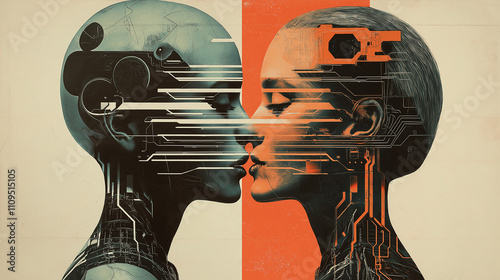 Futuristisches abstraktes Portrait mit zwei weiblichen KI-Köpfen und digitalen grafischen Elementen.  Dada Collage zum Thema 