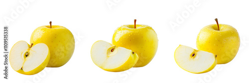 Set of yellow apple sliced in half isolated on a transparent background