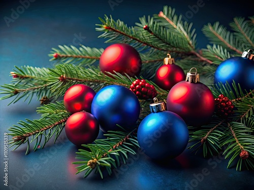 Minimalist Christmas Ornament Photography: Red & Blue Holiday Decor, Low Light, Dark Blue Background