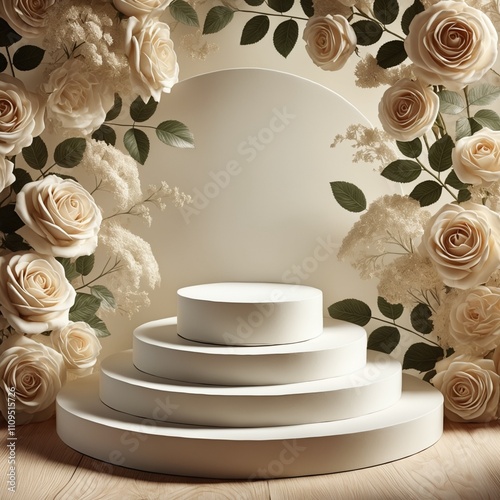 Natural Floral Arrangement with Beige Roses and Tiered Pedestal
