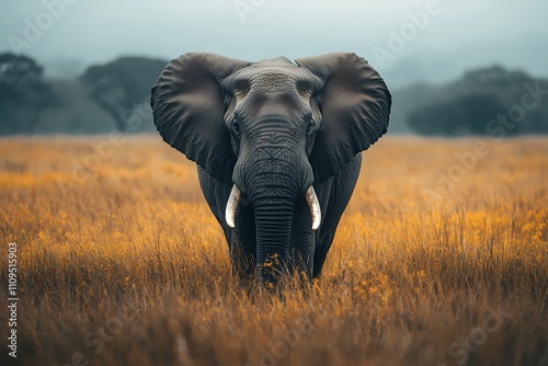 Large Grey Elephant in Grassland Nature Scene photo