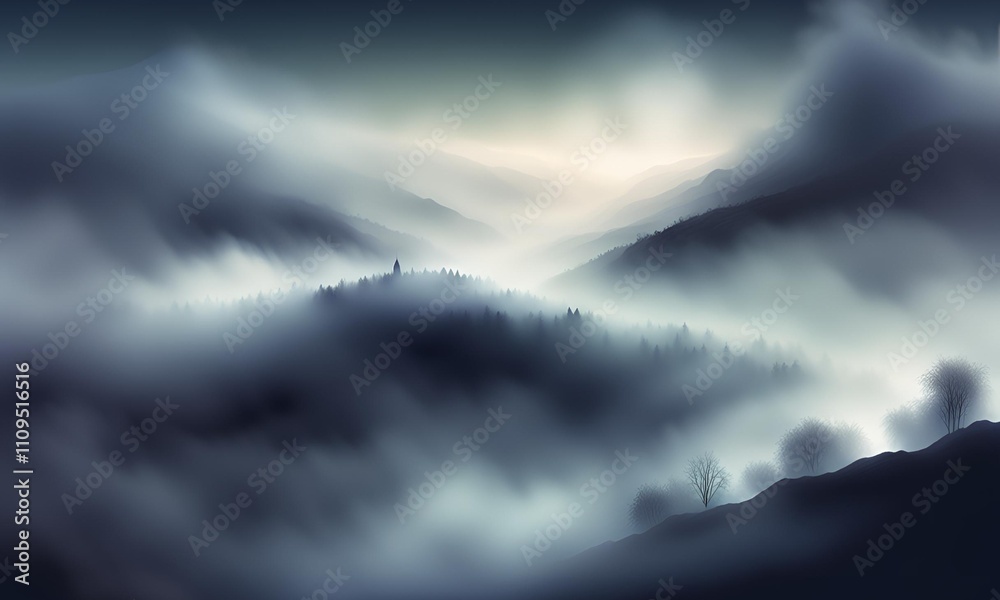 Naklejka premium Foggy Mist in a dense, gray overlay on a dark landscape