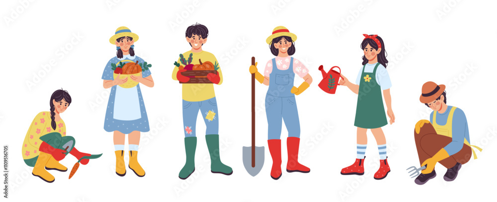 Agriculture workers. Farm house. Happy people working in garden. Cute girl carrying box with natural vegetable harvest. Gardening shovel and watering can. Guy picking carrots. Vector gardeners set