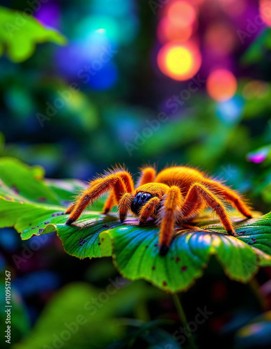 Panoramic View of Brachypelma Smithi Tarantula Spider on Vibrant Green Leaf photo