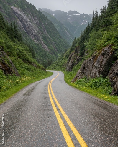 A winding road through green mountains and misty landscapes.