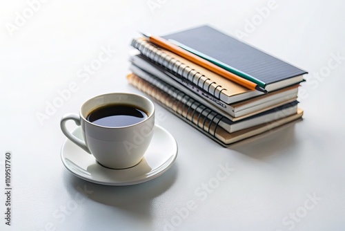 Minimalist Flatlay: Coffee & Notebooks, Tilt-Shift Photography, White Background, Office Desk, Workspace, Productivity