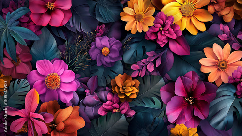 colorful and luxury beautiful flower patterns arranging randomly, Vibrant flowers and leaves in shades of pastel color, Floristic decoration creating a watercolor and enchanting floral background. 