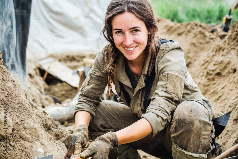 Female archaeologist smiling while working in a sandy excavation site, showcasing passion and dedication in field exploration.
Female archaeologist smiling while working in a sandy excavation site, showcasing passion and dedication in field exploration.