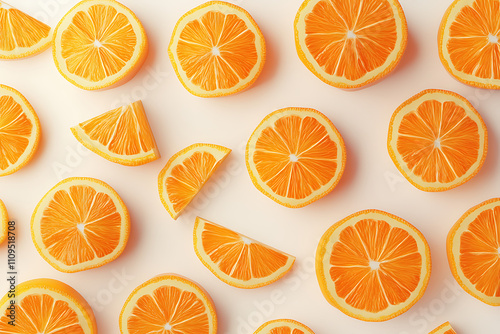 A vibrant arrangement of orange slices and wedges on a light background.