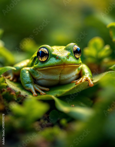 Close-Up View of Dumpy Frog Litoria Caerulea Resting on Leaf with Textured Skin and Large Eyes