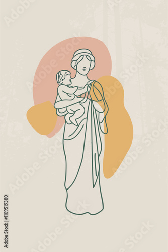 llustration of a mother and child in a forest setting, symbolizing harmony with nature and maternal love.