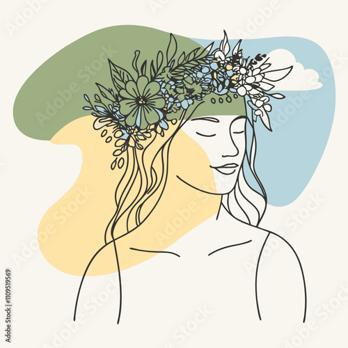 Minimalist illustration of a woman with a floral crown, symbolizing femininity and nature