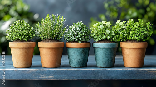 Five potted herbs on a wooden shelf.