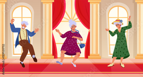 Senior people. Old woman and man. Positive grandparents dancing in ballroom. Retired persons fun. Happy grandmother and grandfather. Disco party for elderlies. Ball dancers. Vector discotheque joy