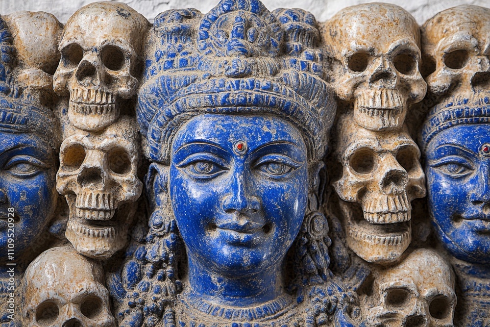 Intricate sculpture of a goddess adorned with blue hues and surrounded by skulls, highlighting a unique artistic tradition Intricate sculpture of a goddess adorned with blue hues and surrounded by skulls, highlighting a unique artistic tradition