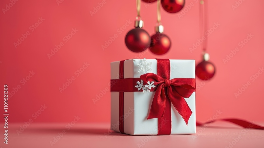 A white gift box with a red ribbon bow and snowflake embellishments sits on a pink background with red ornaments hanging in the background. A white gift box with a red ribbon bow and snowflake embellishments sits on a pink background with red ornaments hanging in the background.