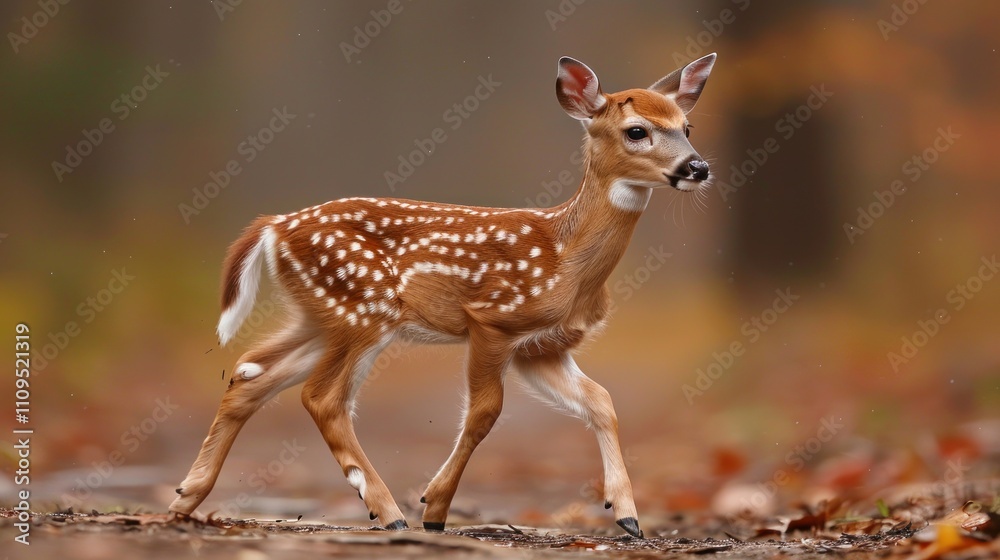 White-tailed deer fawn walking in autumn forest. White-tailed deer fawn walking in autumn forest.