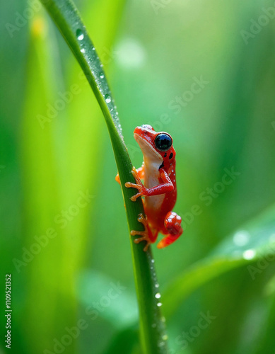 Vibrant Red Poison Dart Frog Ranitomeya Reticulata Perched on Tall Blade of Grass in Light Rain photo