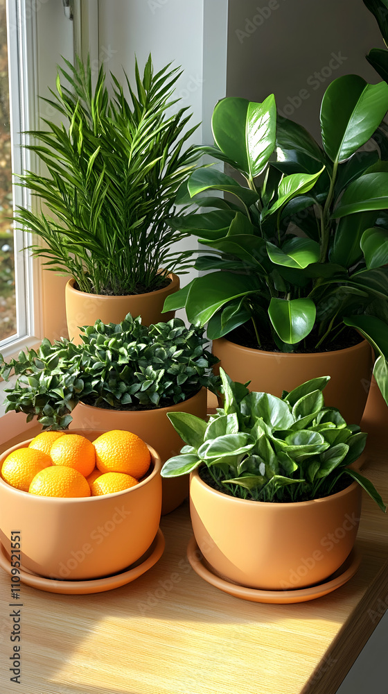 Indoor plants in terracotta pots with oranges on a windowsill. Indoor plants in terracotta pots with oranges on a windowsill.