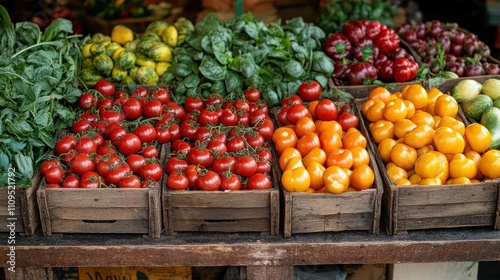 A variety of fresh vegetables, including tomatoes, peppers, and greens, are displayed in wooden crates at a market stall.