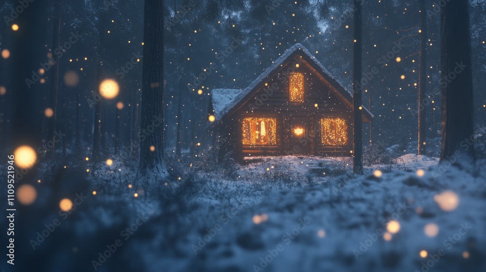 Fototapeta premium Cozy cabin in the woods with glowing lights and snow gently falling