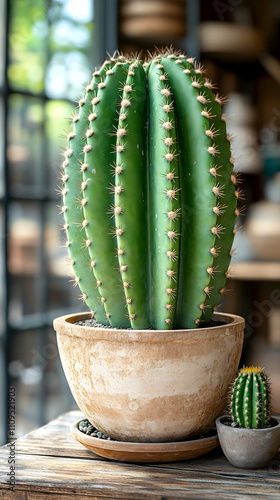 Large green cactus in a beige pot on a wooden surface.