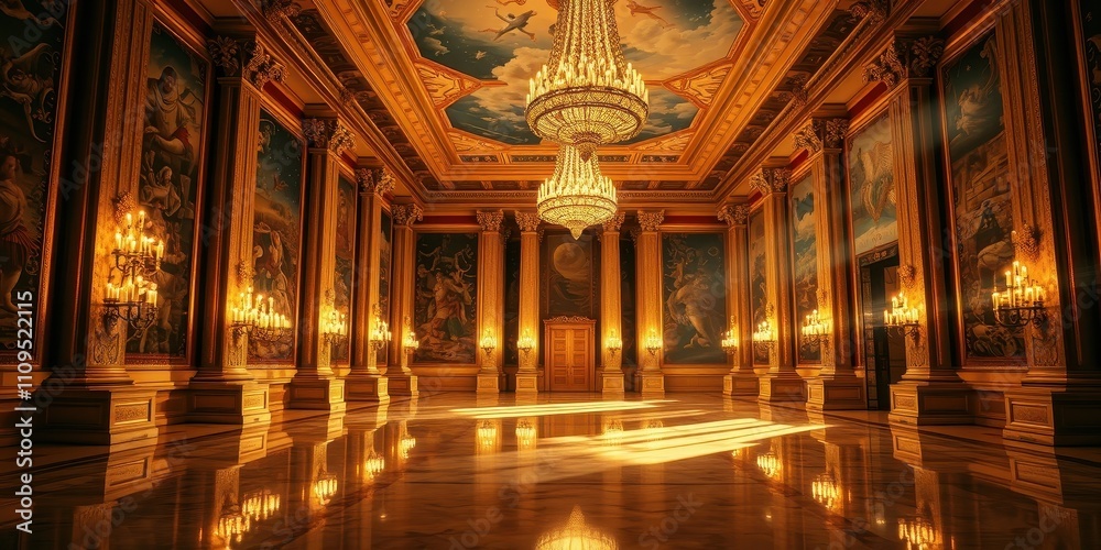 Obraz premium A grand ballroom bathed in the warm glow of candlelight, illuminated by intricate chandeliers and adorned with elaborate murals depicting scenes of mythology and grandeur.