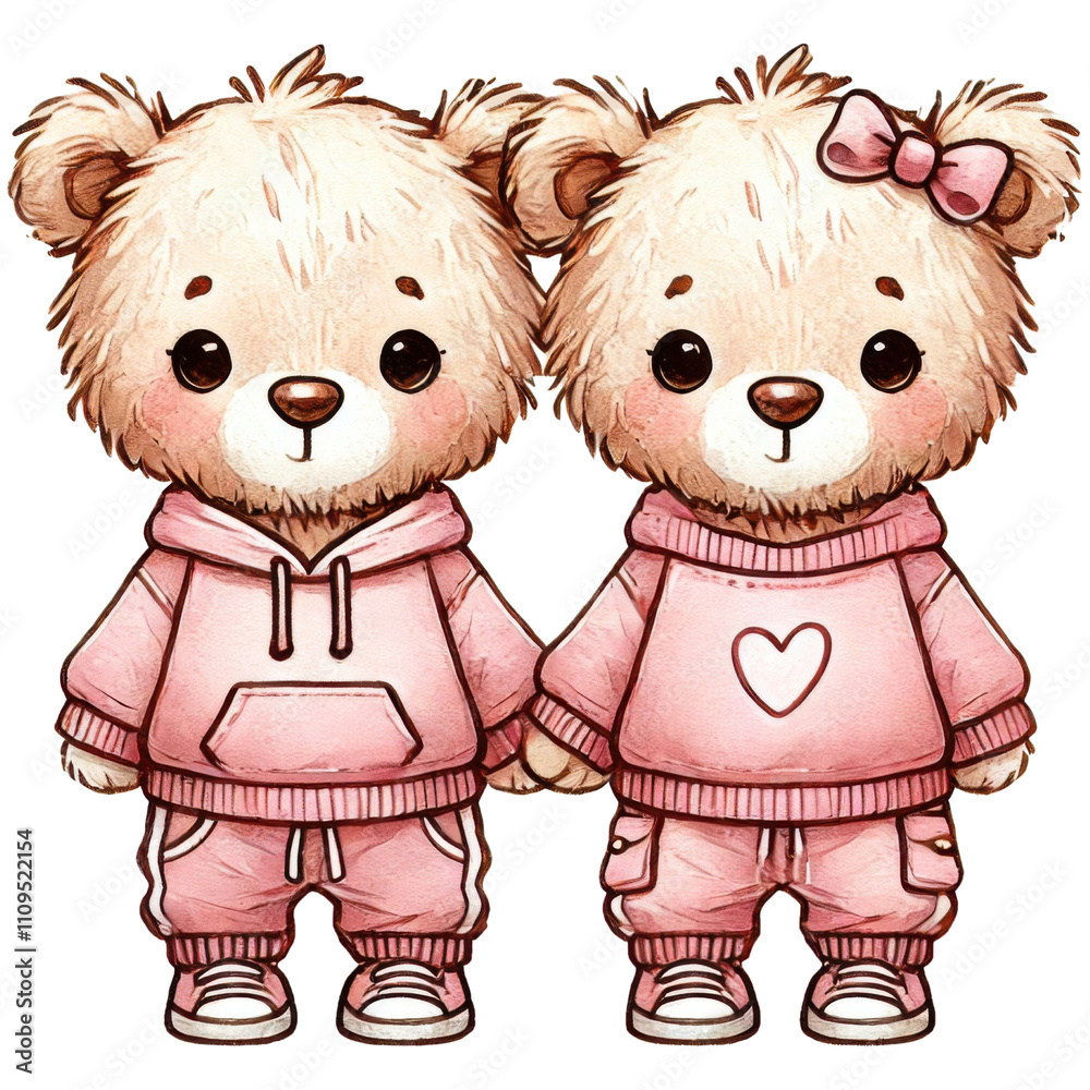 Obraz premium Cute illustration of two teddy bears hugging, dressed in pink outfits, surrounded by hearts, symbolizing love and friendship.