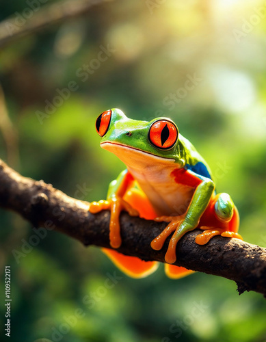 Playful Red-Eyed Tree Frog Perched on Twig Staring at Shiny Object in Rainforest