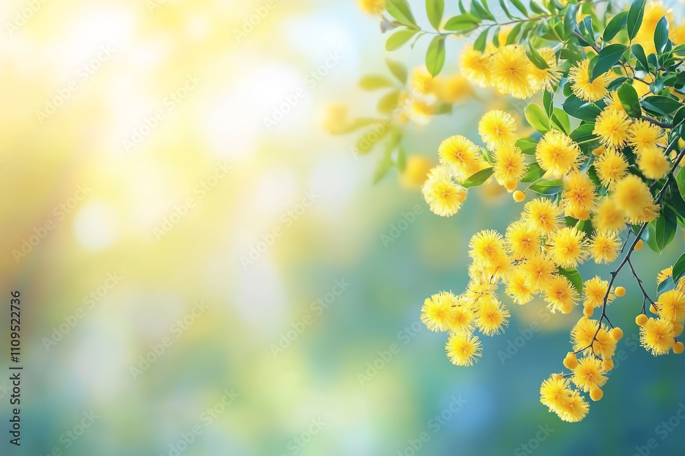 A branch of golden wattle with yellow flowers, a mimosa tree, on a blurred background of a spring park in sunlight A branch of golden wattle with yellow flowers, a mimosa tree, on a blurred background of a spring park in sunlight