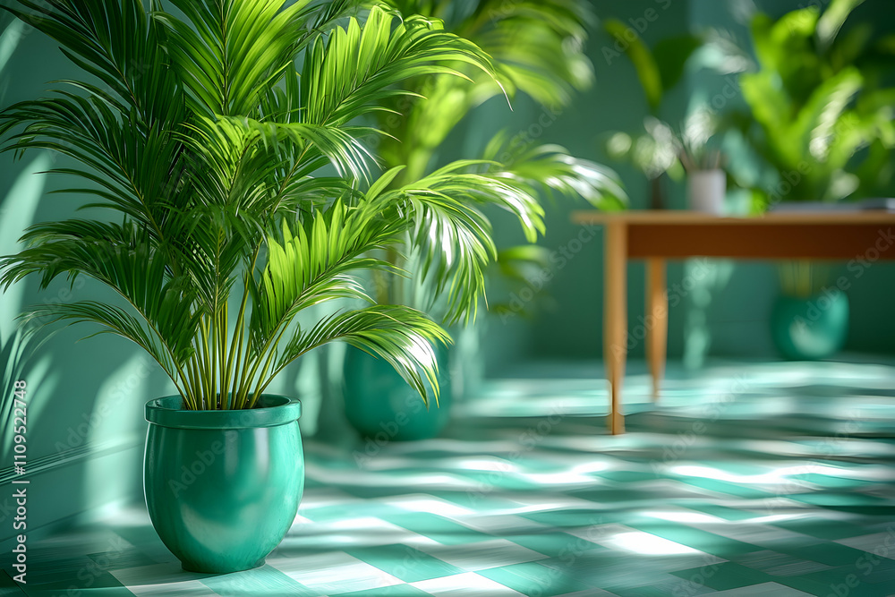 Lush green plants in teal pots on a checkered floor. Lush green plants in teal pots on a checkered floor.