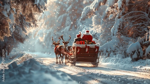 Santa's sleigh rides through a snowy forest at sunset.