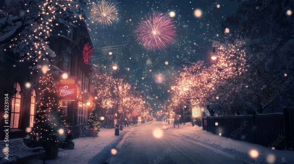A Festive City Street Covered in Snow with Fireworks in the Sky
A Festive City Street Covered in Snow with Fireworks in the Sky