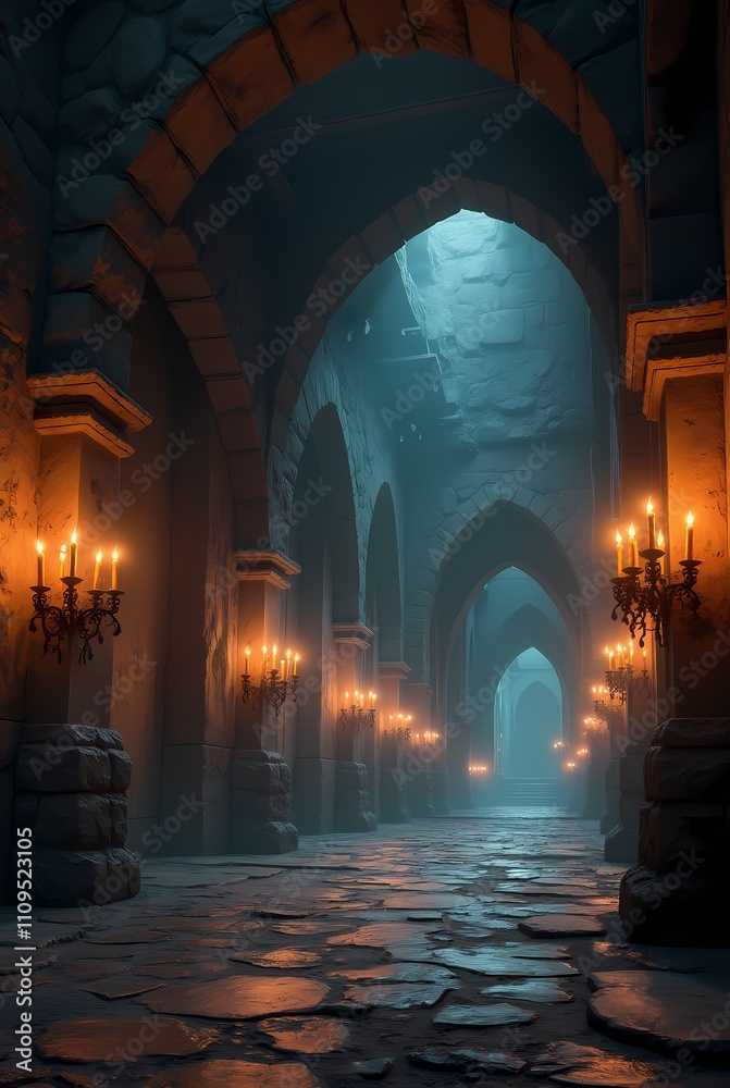Fototapeta premium Hall in the dungeon of the gnomes, gothic setting with candles