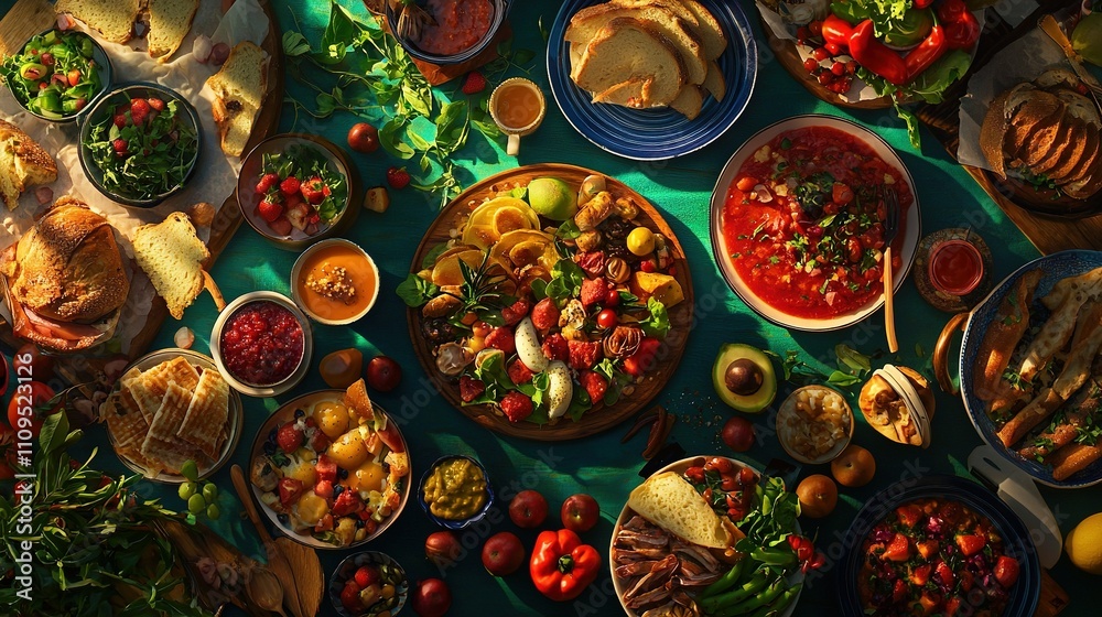 A green tablecloth hosts plates of food and bowls of sauces atop it A green tablecloth hosts plates of food and bowls of sauces atop it